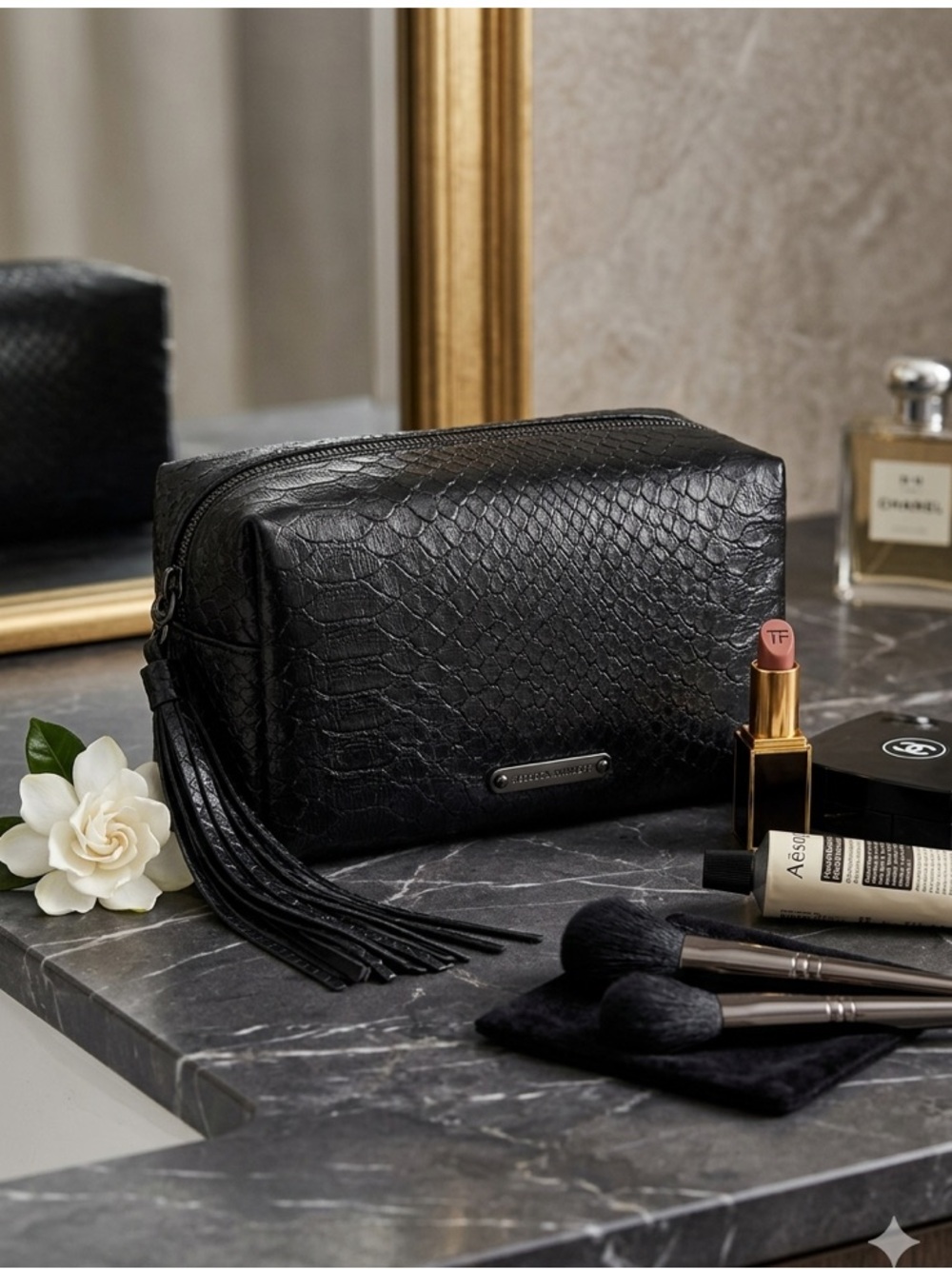 Rebecca Minkoff Black Embossed Snake Leather Tassel Cosmetic Pouch